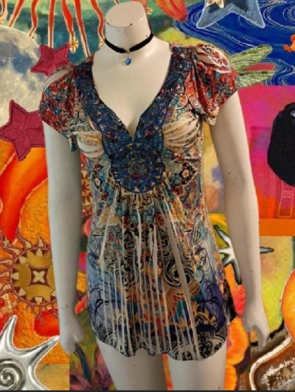 Y2K Apt. 9 Sz S boho style multi color sublimation print fit and flare top